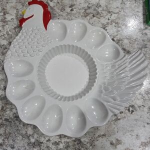 Vintage Ceramic Hen Deviled Egg & Appetizer Platter - White with Red Accent